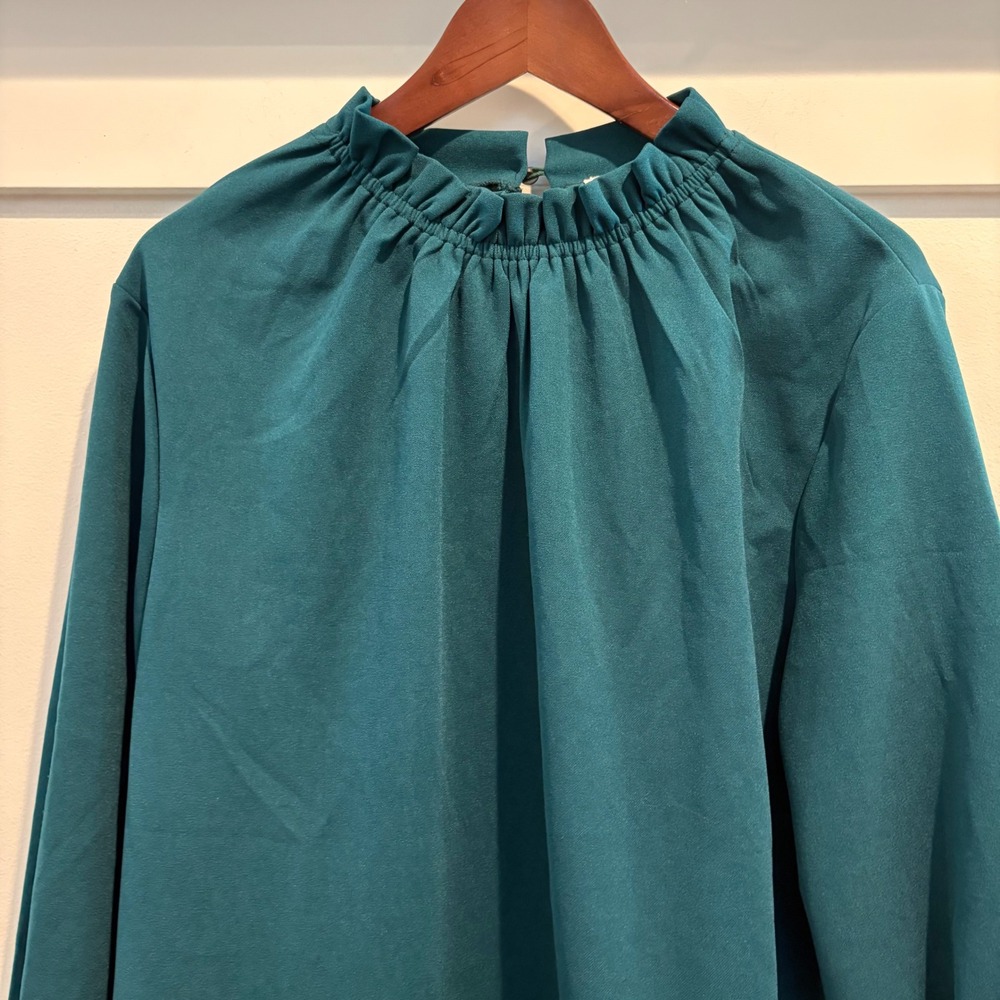 Teal Green Ruffle Mock Neck Blouse Long Sleeve Cottagecore XL - Picture 4 of 11